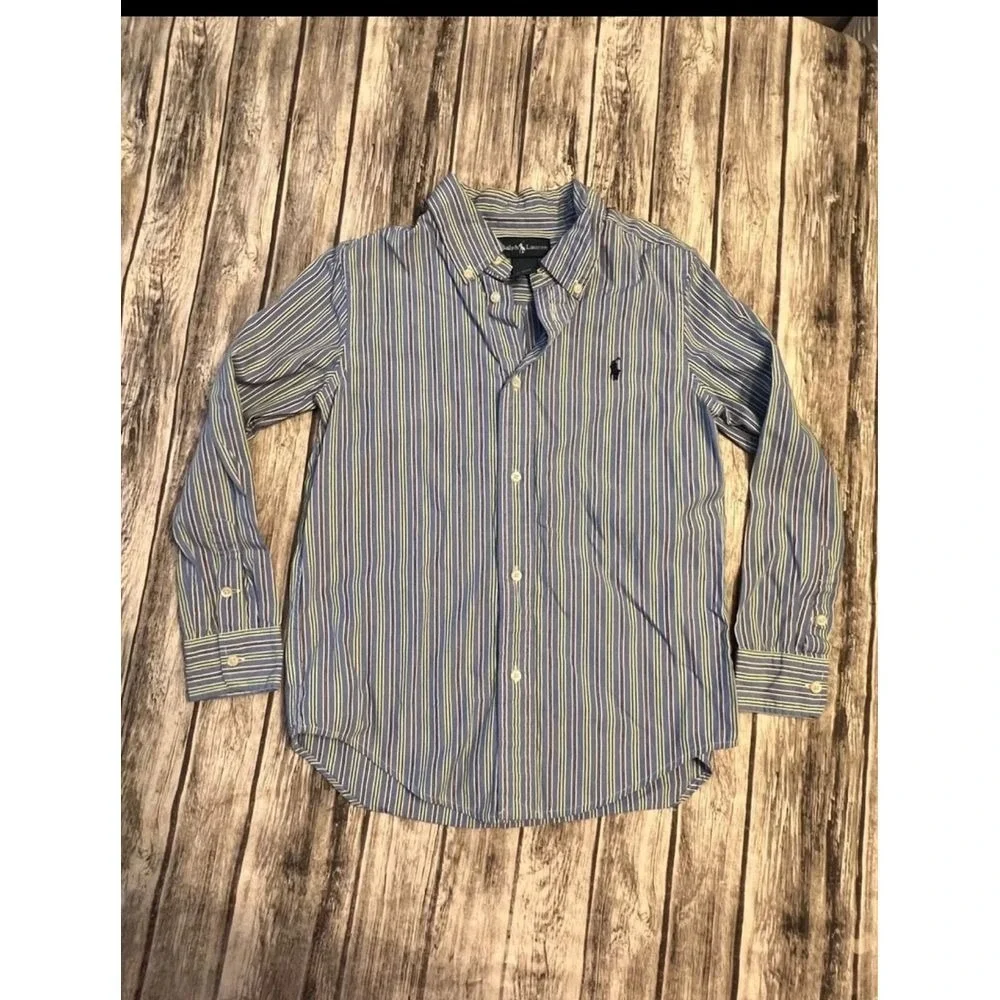 Boys Ralph Lauren blue yellow white striped long‎ sleeve Button Up size 7